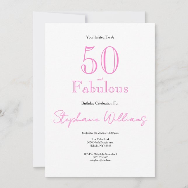 Convite Mínimo 50 e Fabuloso Rosa Aniversário de 50 anos (Frente)