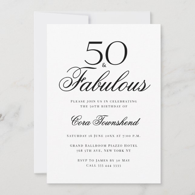 Convite Mínimo 50 & Tipografia Fabulosa Aniversário de 50  (Frente)