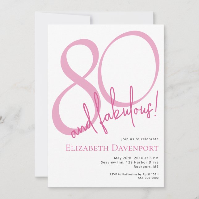Convite Mínimo 80 e Fabuloso Aniversário Rosa (Frente)