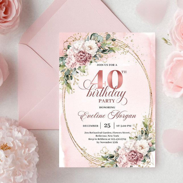 Convite Mínimo Boho Pó Dusty Rosa Floral Dourado Aniversár (Minimal Boho Dusty Pink Floral 40th Birthday Invitation)