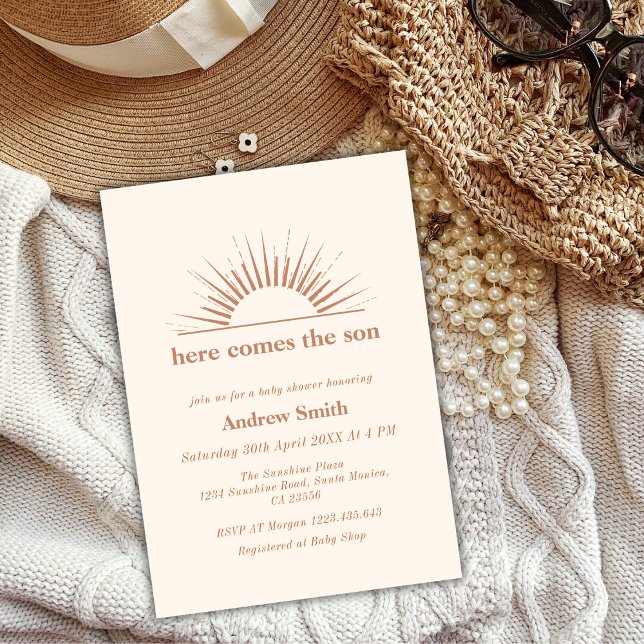 Convite Mínimo Boho Vem O Chá de fraldas Filho (Minimal Boho Here Comes The Son Baby Shower Invitation)