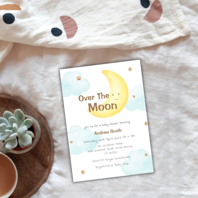 Convite Mínimo Bonito Sobre O Chá de fraldas Da Lua (Cute Minimalist Over The Moon Baby Shower Invitation)
