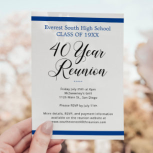 Convite Mínimo Branco Azul 40 Anos 40 Reunião Classe 40