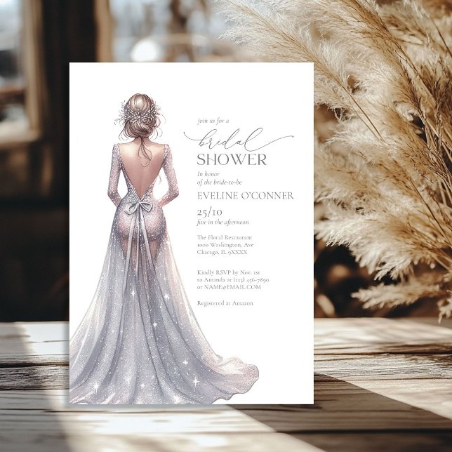 Convite Mínimo brilho de lux, vestido de noiva (Minimalist silver glitter lux wedding gown invitation)