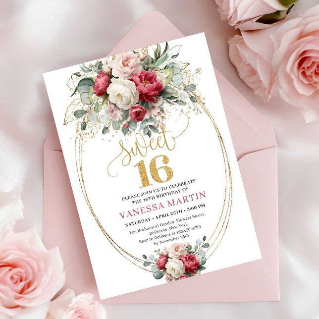 Convite Mínimo Burgundy Branco Dourado Sweet Sixte (Minimal Burgundy White Gold Sweet Sixteen Invite)