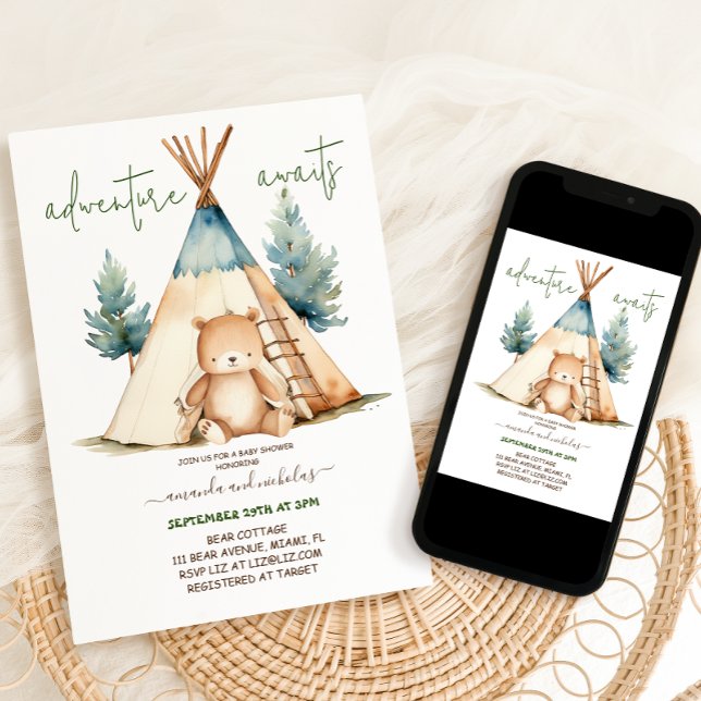 Convite Mínimo Chá de fraldas Bear Adventure Boy (Criador carregado)