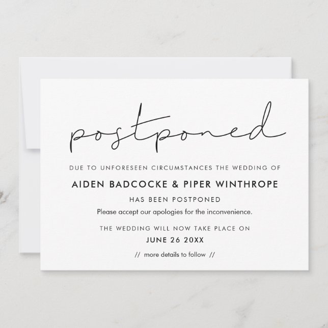 Convite Mínimo comunicado adiado manuscrito (Frente)