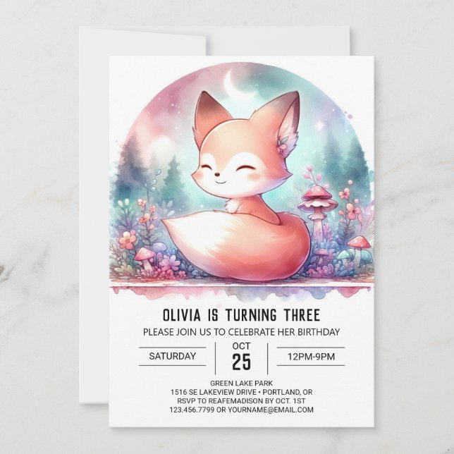 Convite Mínimo de Aquarela Fox Birthday digital (Frente)