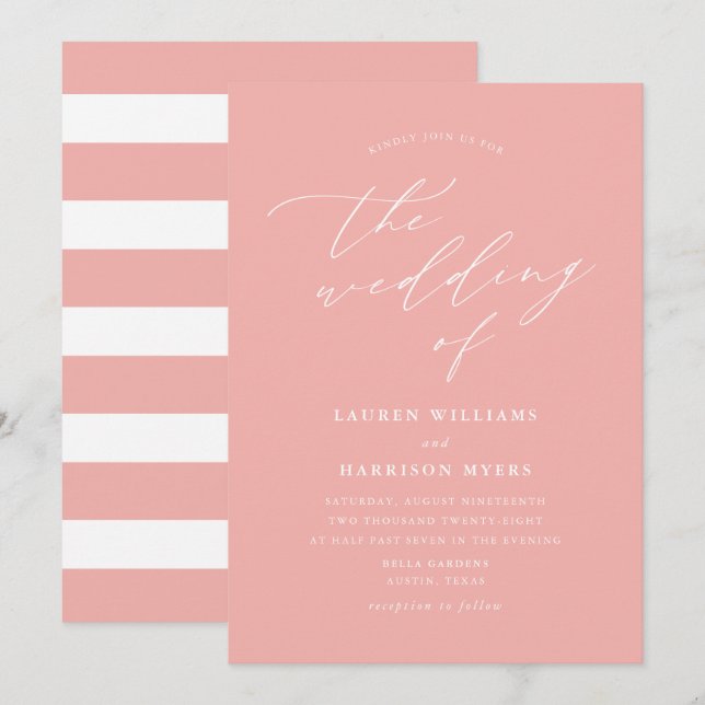 Convite Mínimo de Caligrafia - Rosa Esbranquiçado | Casame (Frente/Verso)