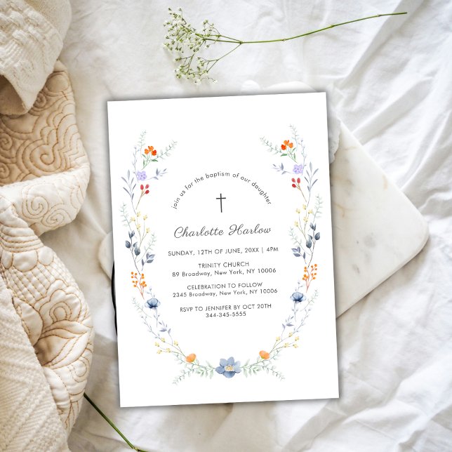 Convite Mínimo de Flores Florais de Flor Selvagem Cruzada  (Minimal Wildflower Floral Wreath Cross Baptism Invitation)