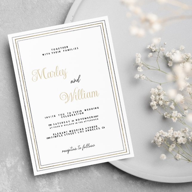 Convite Mínimo de luxo moldura de prata branca (Luxury minimalist white gold silver frame Wedding)