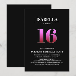 Convite Mínimo de Surpresa Negra e Rosa 16º Aniversário