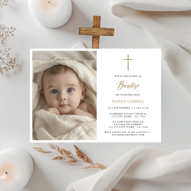 Convite Mínimo Dourado Invitaciones Para Bautizo Foto (Criador carregado)