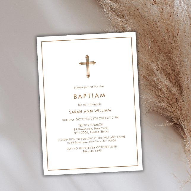 Convite Mínimo Dourado Tipografia Cruzada Batismo (Minimalist Gold Typography Cross Frame Baptism Invitation)