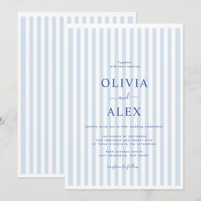 Convite Mínimo e Chic Azul Francês Casamento Personalizado (Frente/Verso)