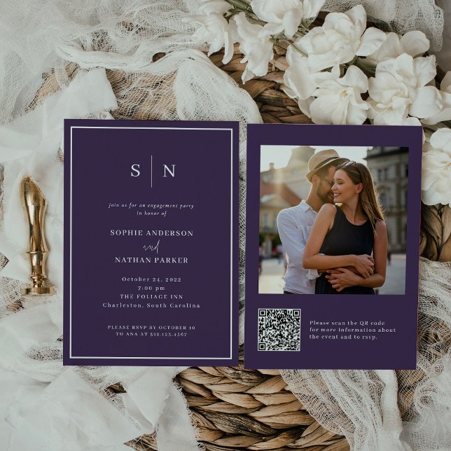 Convite Mínimo e Chic | Foto do código QR da Festa de noiv (A colorful and modern engagement party invitation in dark purple!)