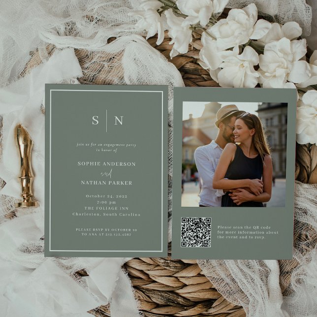 Convite Mínimo e Chic | Foto do código QR da Festa de noiv (A dreamy engagement party invite in trendy sage green)