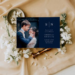 Convite Mínimo e Chic | Marinho Blue Photo Wedding<br><div class="desc">Estes elegantes e modernos convites para o casamento apresentam um simples design de texto azul e branco marinho escuro que exumenta o estilo minimalista,  com duas das suas fotos pessoais favoritas. Mais detalhes sobre o casamento ou site podem ir atrás. Adicione suas iniciais ou monograma para torná-las completamente suas.</div>