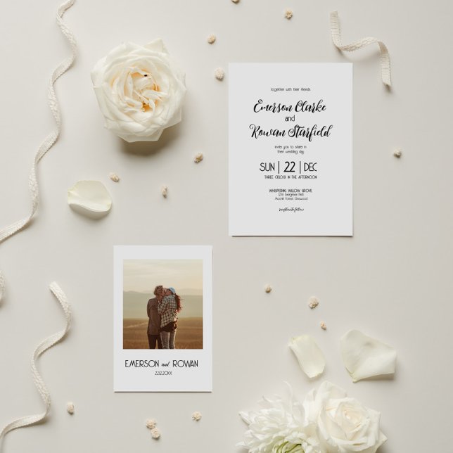 Convite Mínimo Elegante com Casamento editável por Foto (Minimalist Wedding invite with customisable Text and Picture of the Couple on the Back)