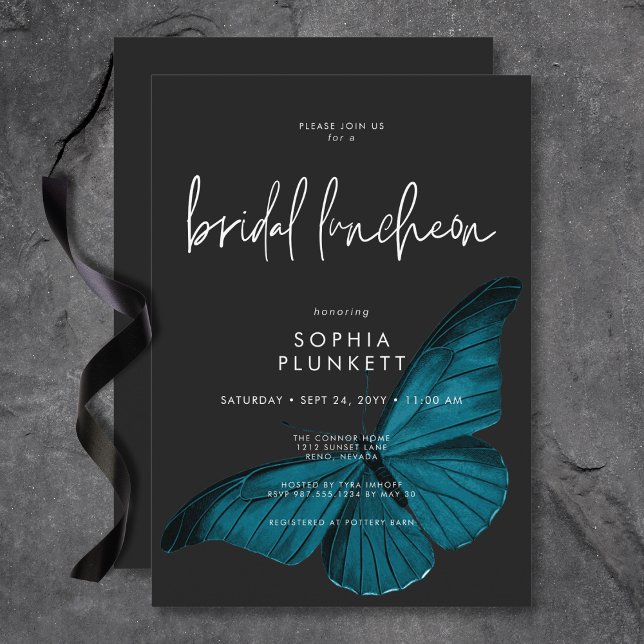 Convite Mínimo Escuro Mínimo de Teal Moth Bridal (Dark Moody Minimal Teal Moth Bridal Luncheon Invitation)