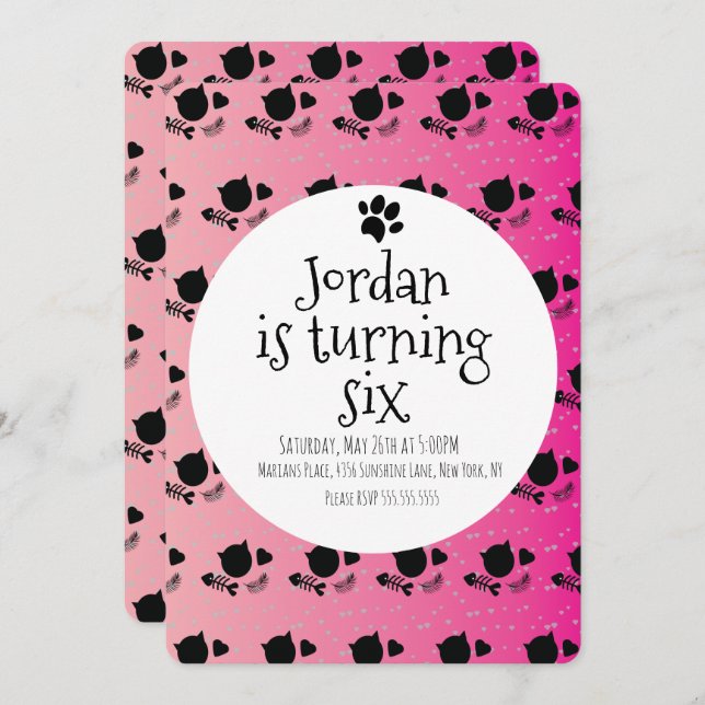 Convite Mínimo Gato-Gato-de-Pata-de-Pé-Rosa Festa de anive (Frente/Verso)
