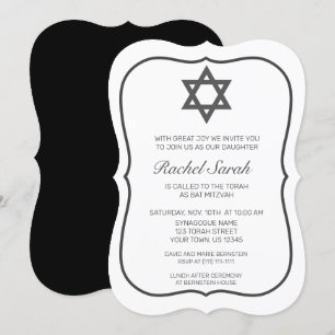 Convite Mínimo Moderno Bat Branco Negro Mitzvah