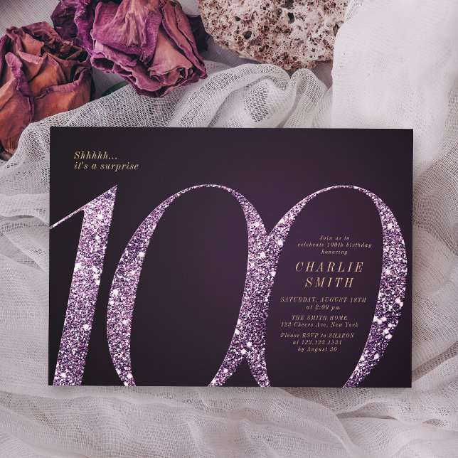 Convite Mínimo moderno brilho roxo 100º aniversário (Modern minimalist purple glitter 100th birthday invitation)