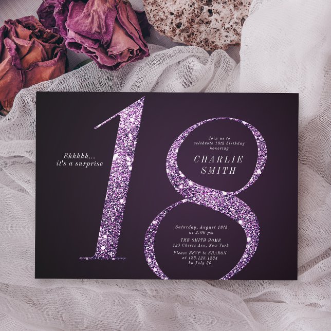Convite Mínimo moderno brilho roxo 18 anos (Modern minimalist purple glitter 18th birthday invitation)