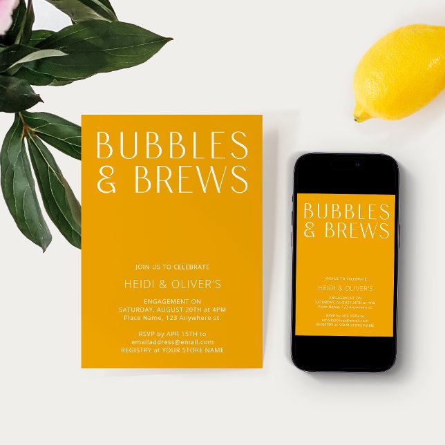 Convite Mínimo Moderno de bolhas e quebra Noivado amarelo (Criador carregado)