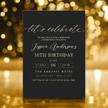 Convite Mínimo negro Dourado 50º aniversário<br><div class="desc">Comemore a fazer 50 anos de estilo com um Convite de Aniversário Dourado e Preto de Script Minimalista! Apresentando sotaques negros e dourados, tipografia elegante da escrita, e um design limpo e moderno, este convite dá o tom para uma celebração sofisticada. Perfeito para qualquer lugar, de salões quentes a encontros...</div>