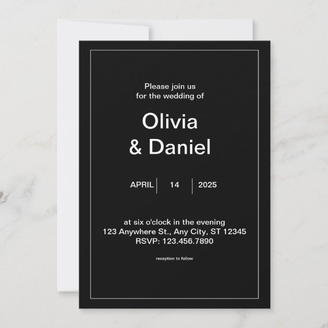 Convite mínimo para casamento preto e branco (Frente)