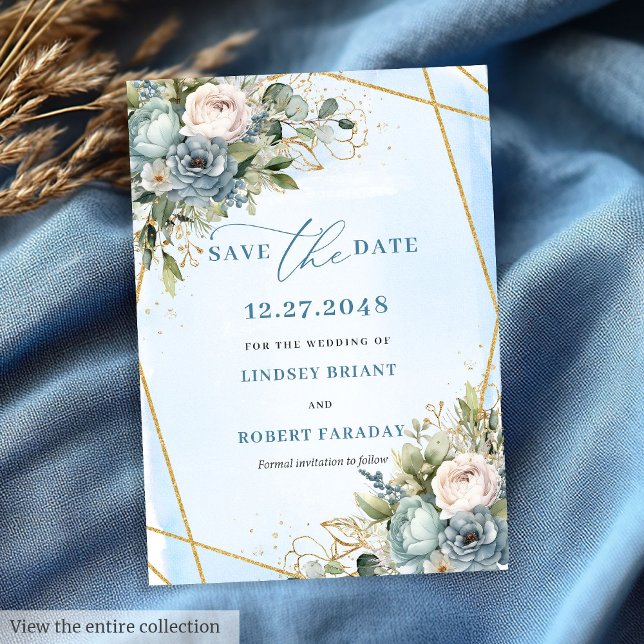 Convite Mínimo Pastel Azul Branco Dourado Data de Salvamen (Minimalist Pastel Blue White Gold Peonies Save The Date)