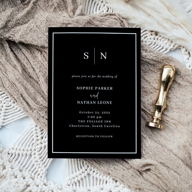 Convite Mínimo Preto e Chic | Casamento de fronteira branc (A modern and elegant wedding invitation in dark black with your monogram)