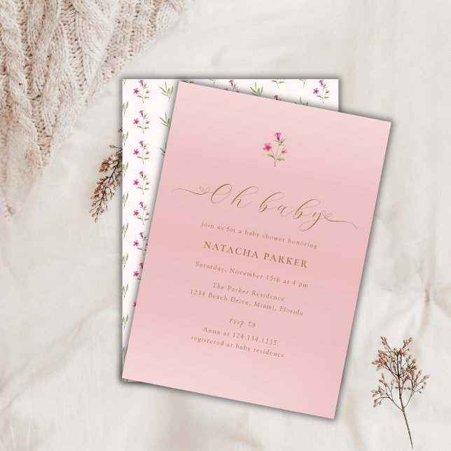 Convite Mínimo Rosa para Chás de fraldas de Flor S (Pink Minimal Wildflower Baby Shower Invitation)