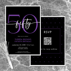 Convite Mínimo Roxo Moderno - 50 Script Birthday QR