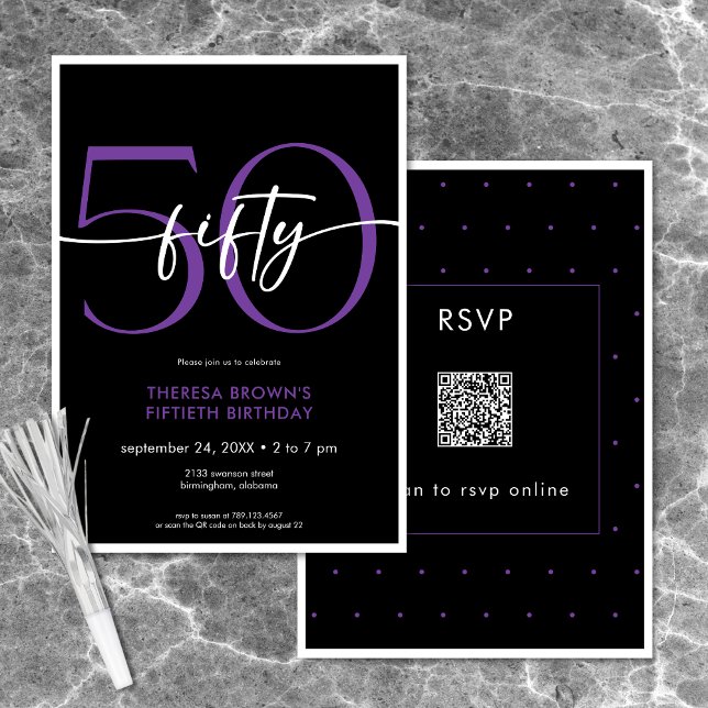 Convite Mínimo Roxo Moderno - 50 Script Birthday QR (Modern Minimal Purple Fifty Script Birthday QR Invitation)