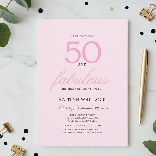 Convite Mínimo Script Rosa 50 e Fabuloso Aniversário de 50 (modern elegant pink and black girly fifty and fabulous 50th birthday party invitations)