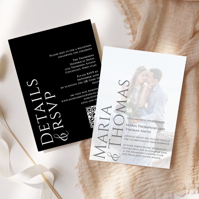 Convite Mínimo Simples de Fotografia Moderna Preta e Branc (Simple black and white modern style Wedding invitation)