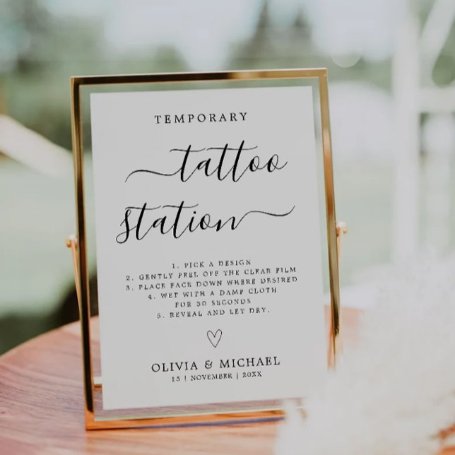 Convite Mínimo Sinal Temporário De Tatuagem De Casamento, (Minimalist Wedding Temporary Tattoo Station Sign, Invitation)