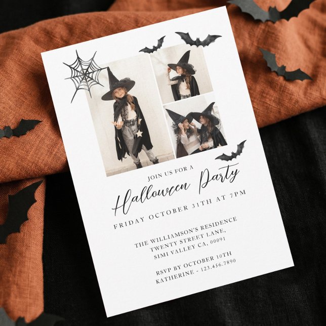 Convite Mínimo Três Foto Festa de Halloween de Spooky Bats (Minimalist Kid Photo Spooky Bat Halloween Party Invitation)