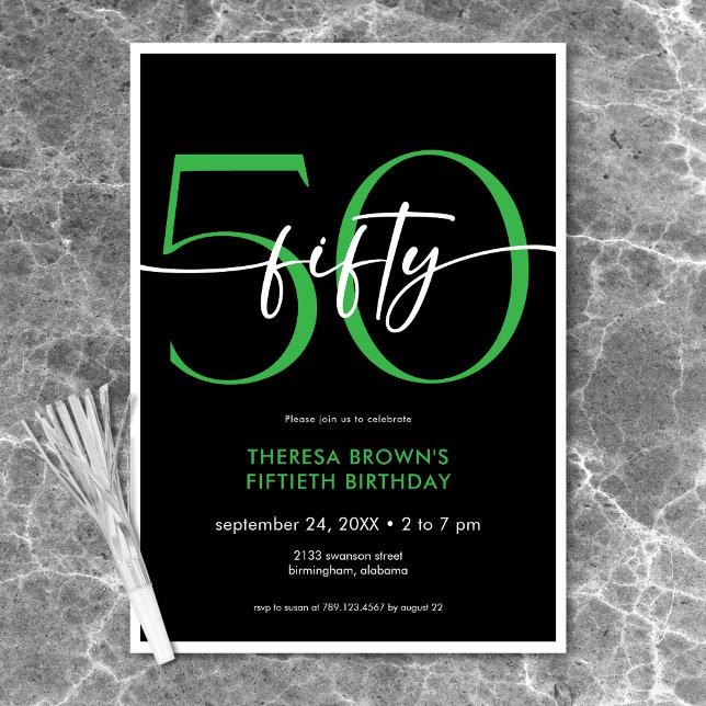 Convite Mínimo Verde Moderno 50 Script Aniversário (Modern Minimal Green Fifty Script Birthday Invitation)