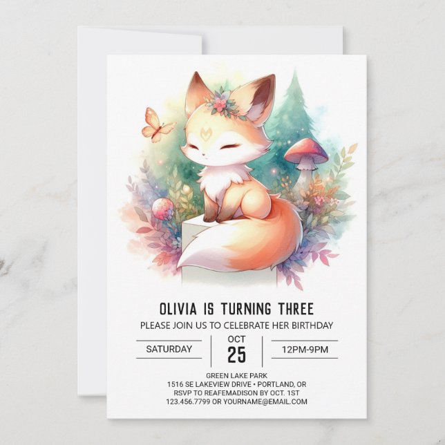 Convite Mínimo Woodland Fox Birthday digital (Frente)