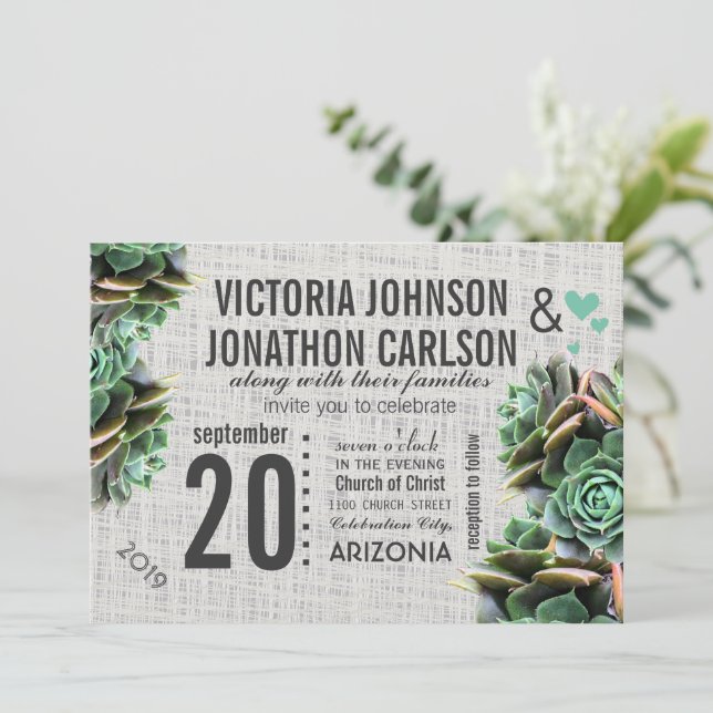 Convite Mint and Burlap Succulent Modern Wedding (Em pé/Frente)