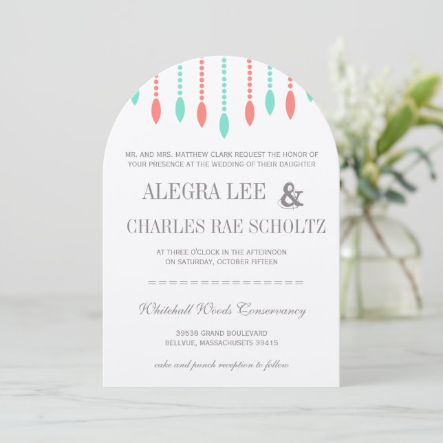 Convite Mint and Coral Modern Tear Drop Beaded Invitation (Em pé/Frente)