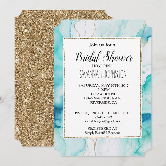 Convite Mint Aqua Dourada Ink Marble (Frente/Verso)