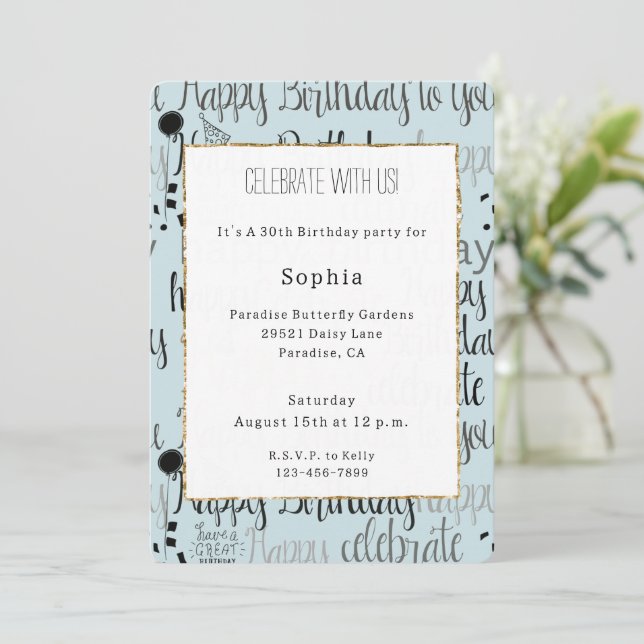 Convite Mint Birthday Celebration Balloons Confetti  (Em pé/Frente)