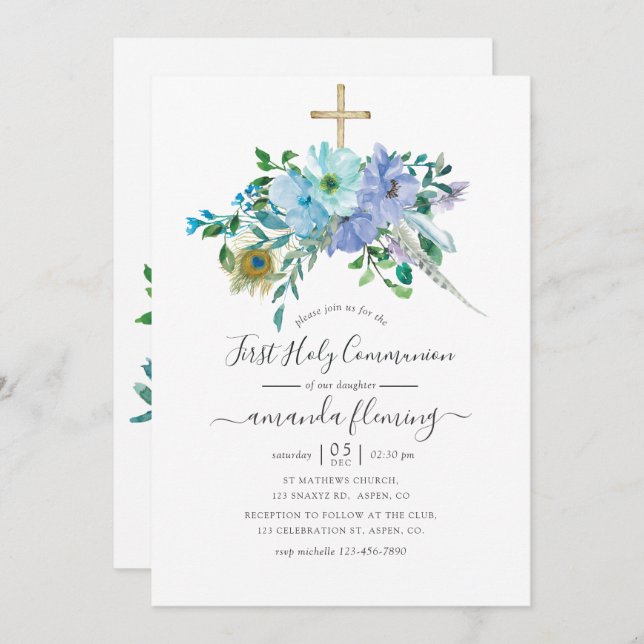 Convite Mint & Blue Watercolor Boho Floral Santa Comunhão (Frente/Verso)