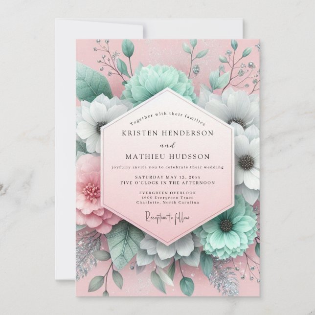 Convite Mint Blush Painterly Flora Wedding (Frente)