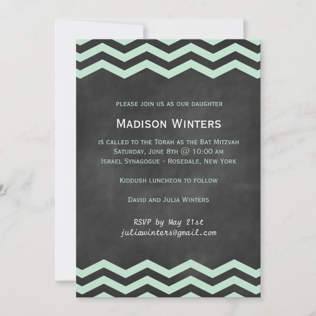 Convite Mint & Chalkboard Chevron Bat Mitzvah (Frente)