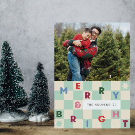 Convite Mint Checkerboard Merry & Bright Christmas Card